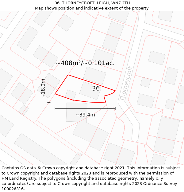 36, THORNEYCROFT, LEIGH, WN7 2TH: Plot and title map