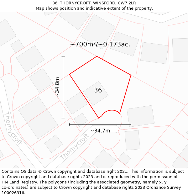 36, THORNYCROFT, WINSFORD, CW7 2LR: Plot and title map