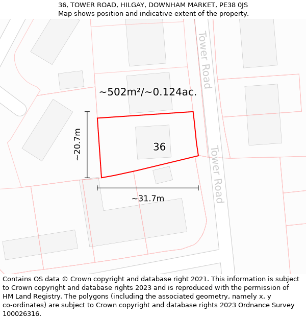 36, TOWER ROAD, HILGAY, DOWNHAM MARKET, PE38 0JS: Plot and title map