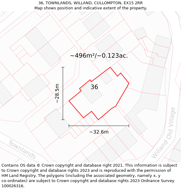 36, TOWNLANDS, WILLAND, CULLOMPTON, EX15 2RR: Plot and title map