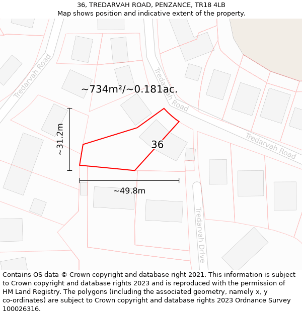 36, TREDARVAH ROAD, PENZANCE, TR18 4LB: Plot and title map