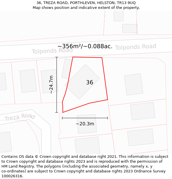 36, TREZA ROAD, PORTHLEVEN, HELSTON, TR13 9UQ: Plot and title map