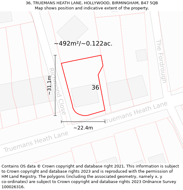 36, TRUEMANS HEATH LANE, HOLLYWOOD, BIRMINGHAM, B47 5QB: Plot and title map