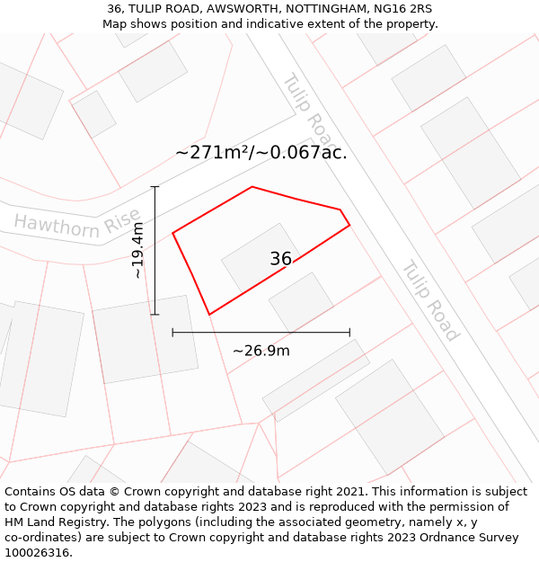 36, TULIP ROAD, AWSWORTH, NOTTINGHAM, NG16 2RS: Plot and title map