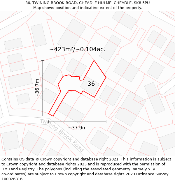 36, TWINING BROOK ROAD, CHEADLE HULME, CHEADLE, SK8 5PU: Plot and title map
