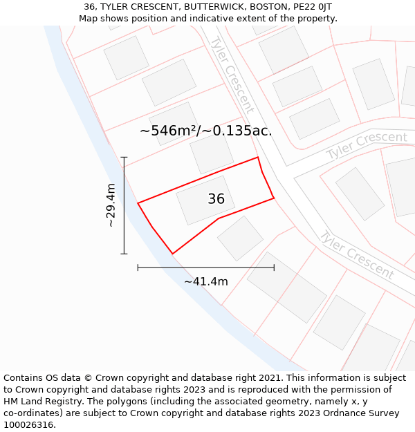 36, TYLER CRESCENT, BUTTERWICK, BOSTON, PE22 0JT: Plot and title map