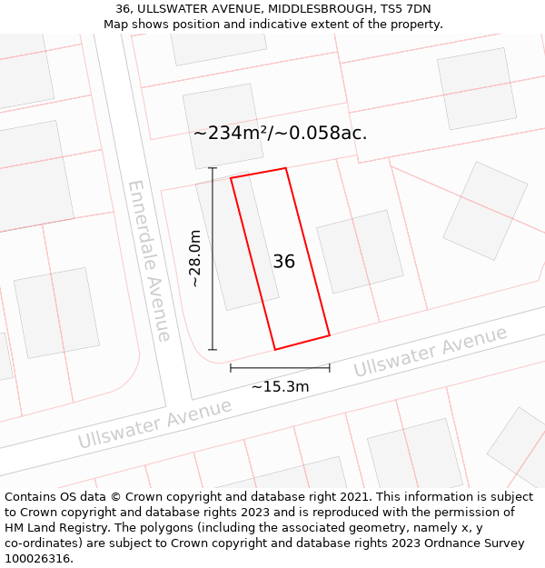 36, ULLSWATER AVENUE, MIDDLESBROUGH, TS5 7DN: Plot and title map
