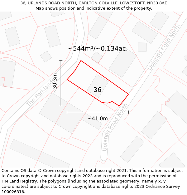 36, UPLANDS ROAD NORTH, CARLTON COLVILLE, LOWESTOFT, NR33 8AE: Plot and title map