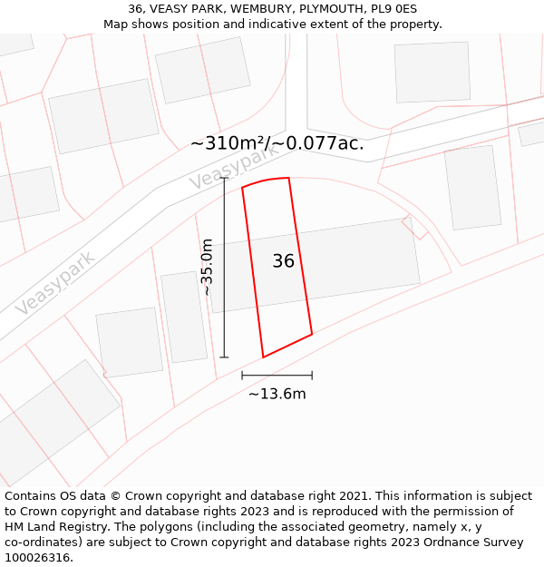 36, VEASY PARK, WEMBURY, PLYMOUTH, PL9 0ES: Plot and title map