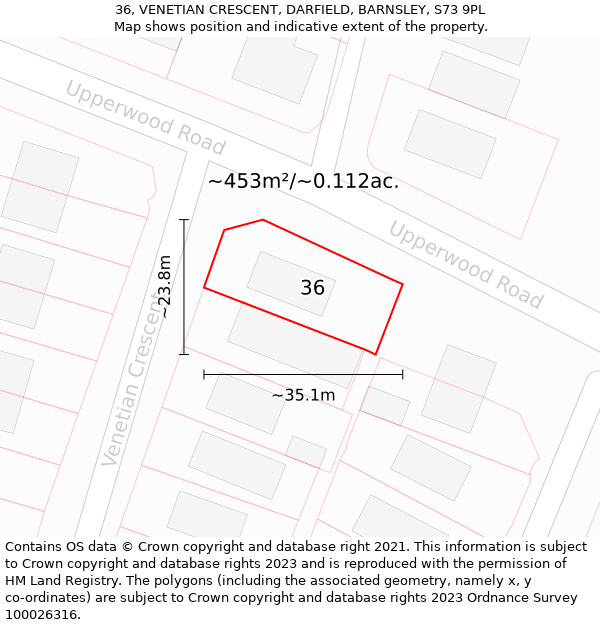 36, VENETIAN CRESCENT, DARFIELD, BARNSLEY, S73 9PL: Plot and title map