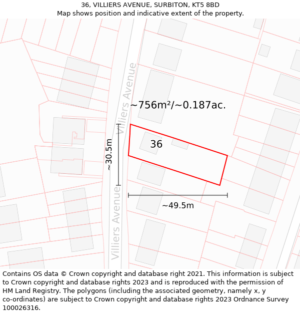 36, VILLIERS AVENUE, SURBITON, KT5 8BD: Plot and title map