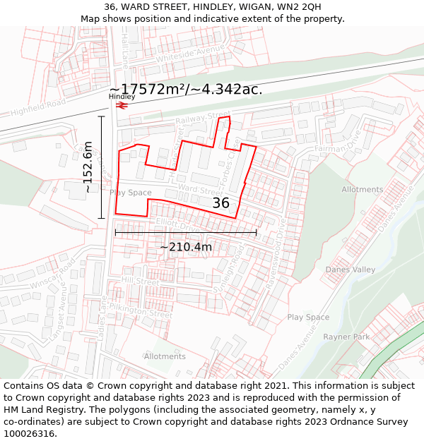 36, WARD STREET, HINDLEY, WIGAN, WN2 2QH: Plot and title map