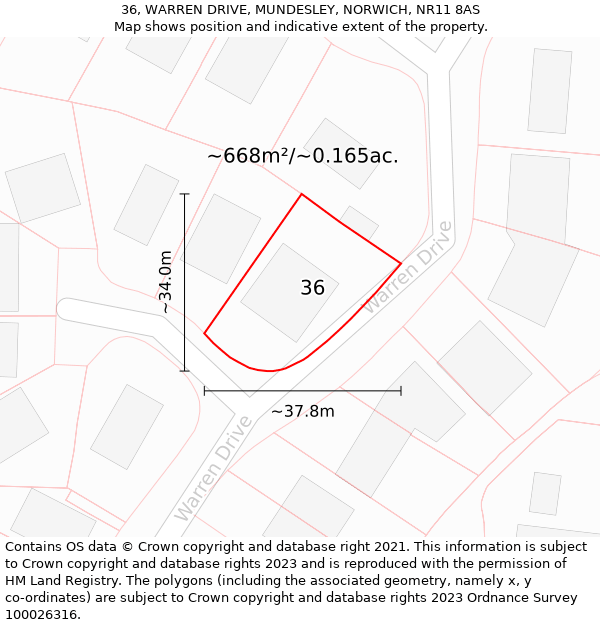 36, WARREN DRIVE, MUNDESLEY, NORWICH, NR11 8AS: Plot and title map