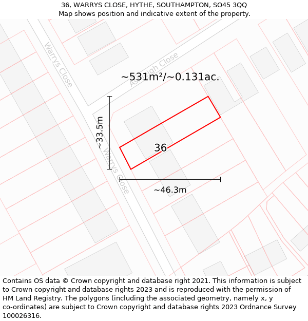 36, WARRYS CLOSE, HYTHE, SOUTHAMPTON, SO45 3QQ: Plot and title map