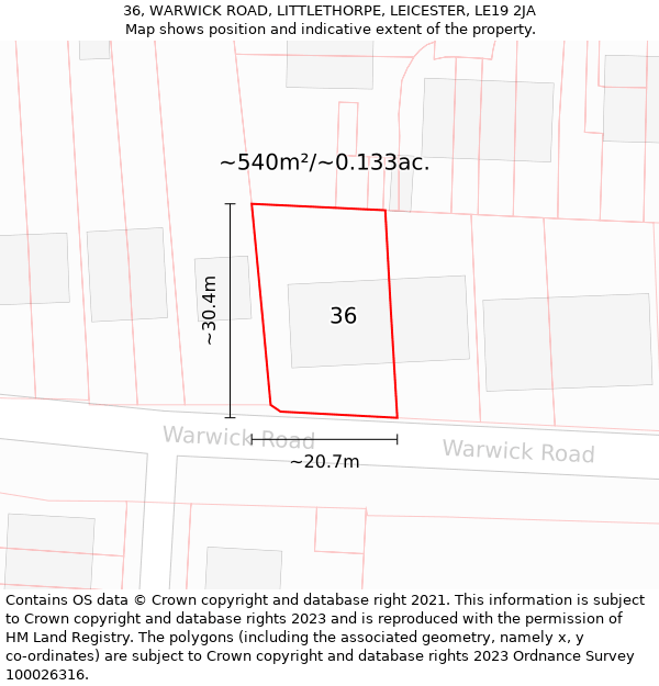 36, WARWICK ROAD, LITTLETHORPE, LEICESTER, LE19 2JA: Plot and title map