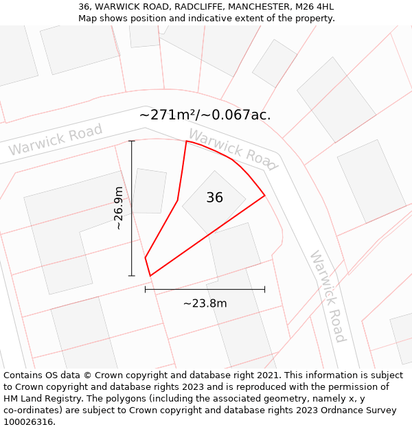 36, WARWICK ROAD, RADCLIFFE, MANCHESTER, M26 4HL: Plot and title map