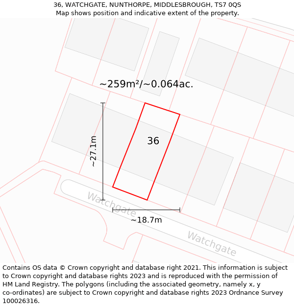 36, WATCHGATE, NUNTHORPE, MIDDLESBROUGH, TS7 0QS: Plot and title map