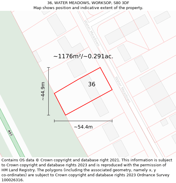 36, WATER MEADOWS, WORKSOP, S80 3DF: Plot and title map