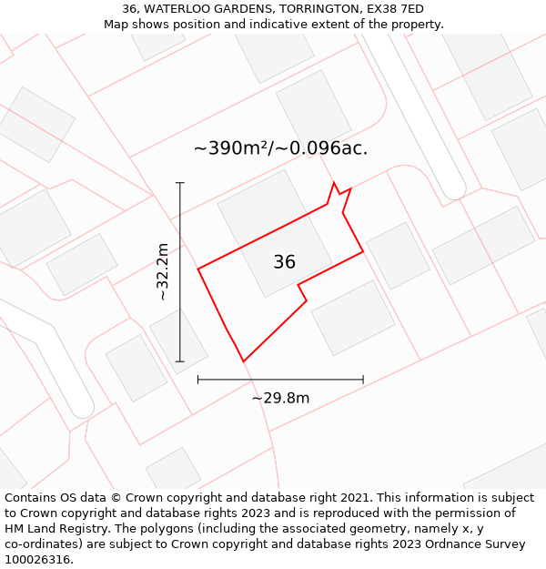 36, WATERLOO GARDENS, TORRINGTON, EX38 7ED: Plot and title map