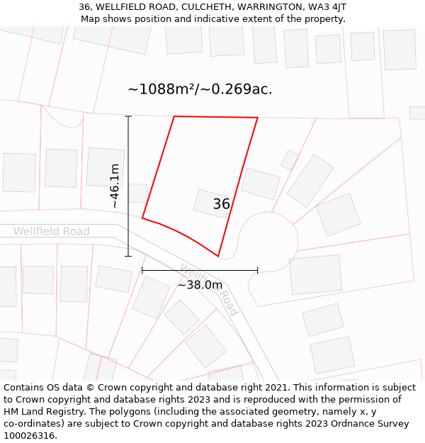 36, WELLFIELD ROAD, CULCHETH, WARRINGTON, WA3 4JT: Plot and title map