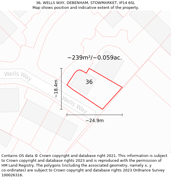 36, WELLS WAY, DEBENHAM, STOWMARKET, IP14 6SL: Plot and title map