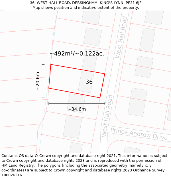 36, WEST HALL ROAD, DERSINGHAM, KING'S LYNN, PE31 6JF: Plot and title map