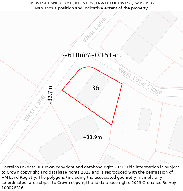 36, WEST LANE CLOSE, KEESTON, HAVERFORDWEST, SA62 6EW: Plot and title map