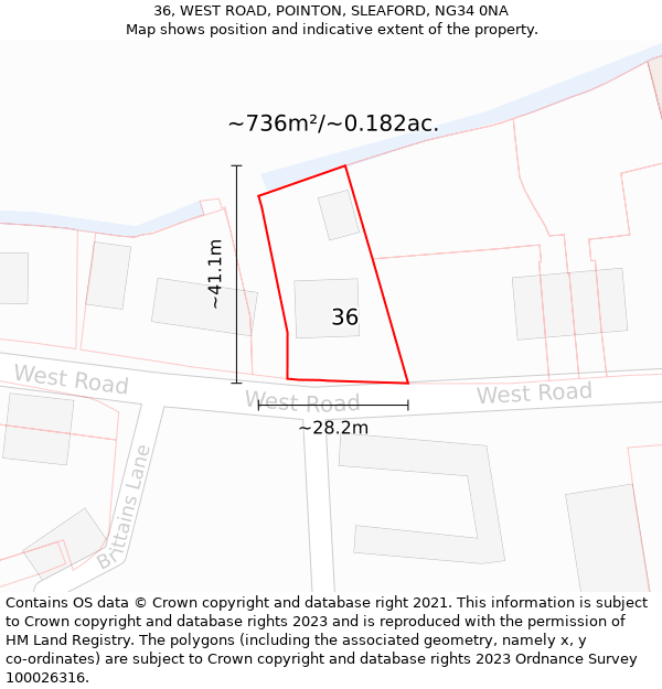 36, WEST ROAD, POINTON, SLEAFORD, NG34 0NA: Plot and title map