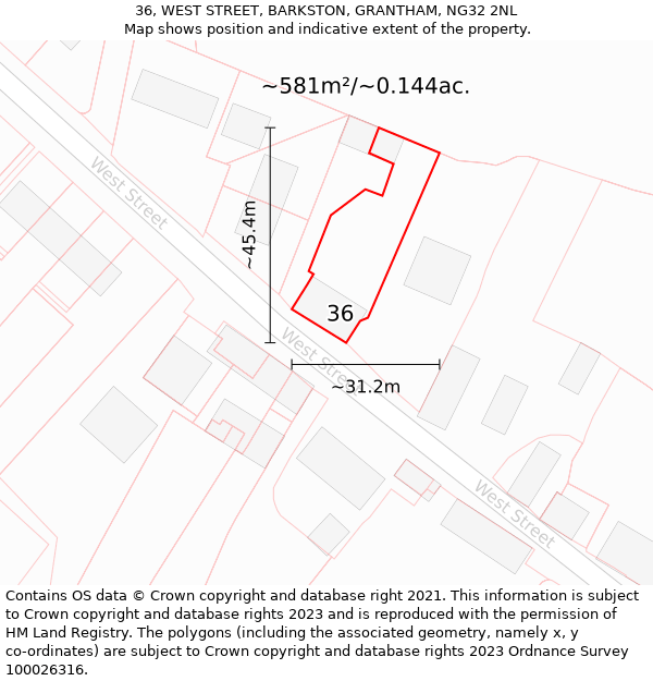 36, WEST STREET, BARKSTON, GRANTHAM, NG32 2NL: Plot and title map