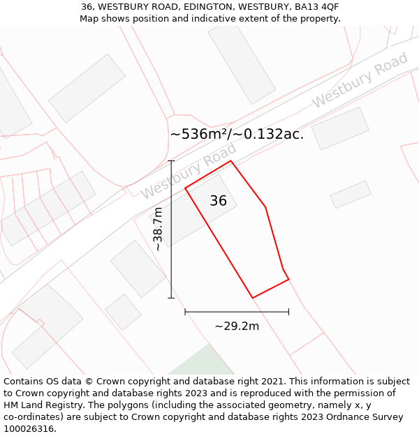 36, WESTBURY ROAD, EDINGTON, WESTBURY, BA13 4QF: Plot and title map