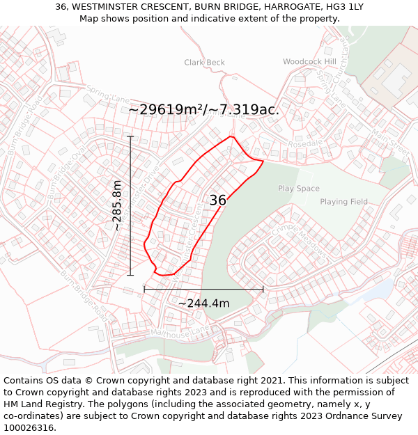 36, WESTMINSTER CRESCENT, BURN BRIDGE, HARROGATE, HG3 1LY: Plot and title map