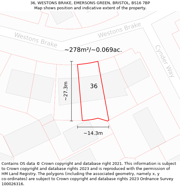 36, WESTONS BRAKE, EMERSONS GREEN, BRISTOL, BS16 7BP: Plot and title map