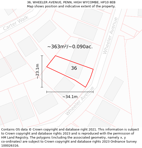 36, WHEELER AVENUE, PENN, HIGH WYCOMBE, HP10 8EB: Plot and title map