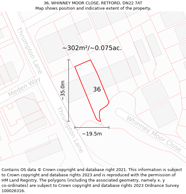 36, WHINNEY MOOR CLOSE, RETFORD, DN22 7AT: Plot and title map