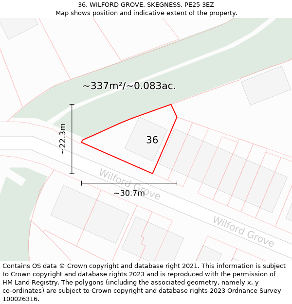 36, WILFORD GROVE, SKEGNESS, PE25 3EZ: Plot and title map
