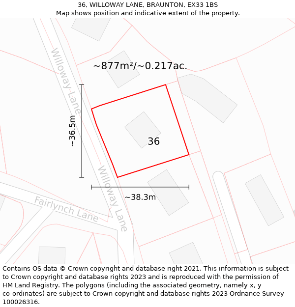 36, WILLOWAY LANE, BRAUNTON, EX33 1BS: Plot and title map