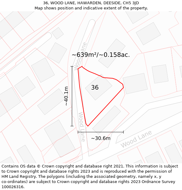 36, WOOD LANE, HAWARDEN, DEESIDE, CH5 3JD: Plot and title map