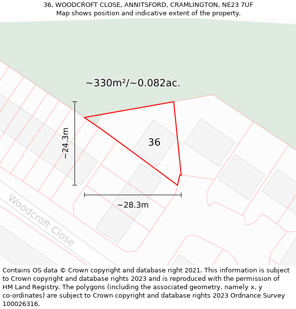 36, WOODCROFT CLOSE, ANNITSFORD, CRAMLINGTON, NE23 7UF: Plot and title map