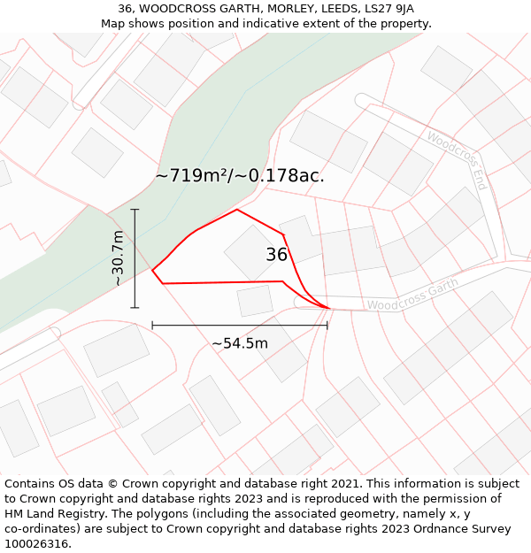 36, WOODCROSS GARTH, MORLEY, LEEDS, LS27 9JA: Plot and title map