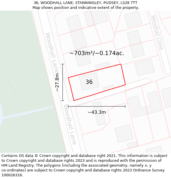 36, WOODHALL LANE, STANNINGLEY, PUDSEY, LS28 7TT: Plot and title map