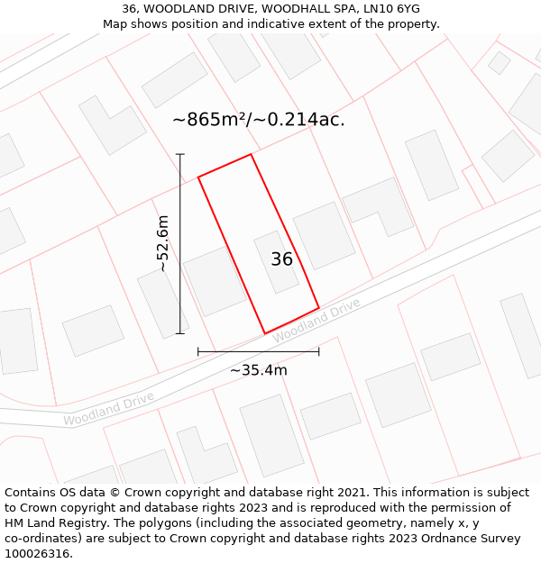 36, WOODLAND DRIVE, WOODHALL SPA, LN10 6YG: Plot and title map