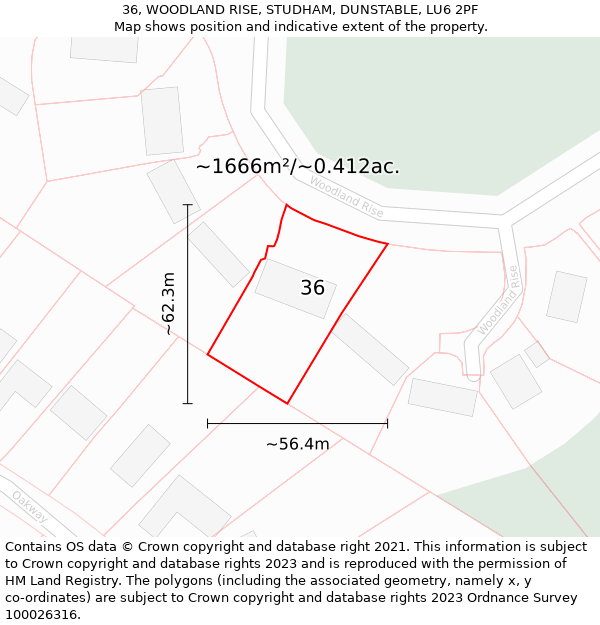 36, WOODLAND RISE, STUDHAM, DUNSTABLE, LU6 2PF: Plot and title map