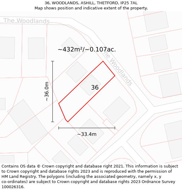 36, WOODLANDS, ASHILL, THETFORD, IP25 7AL: Plot and title map