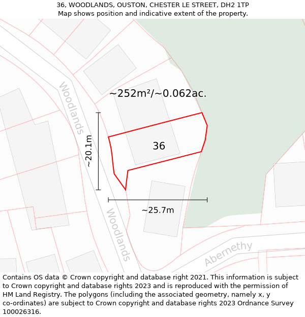 36, WOODLANDS, OUSTON, CHESTER LE STREET, DH2 1TP: Plot and title map