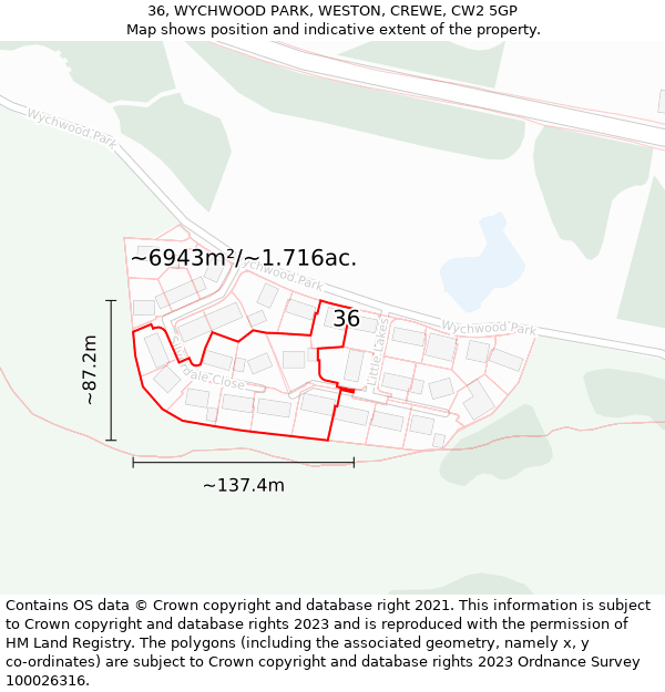 36, WYCHWOOD PARK, WESTON, CREWE, CW2 5GP: Plot and title map