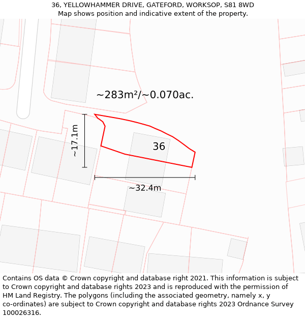 36, YELLOWHAMMER DRIVE, GATEFORD, WORKSOP, S81 8WD: Plot and title map