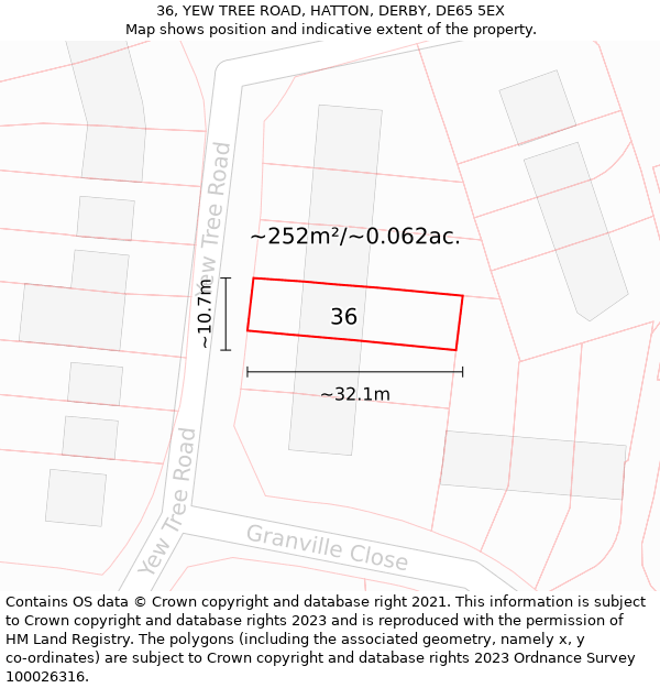 36, YEW TREE ROAD, HATTON, DERBY, DE65 5EX: Plot and title map