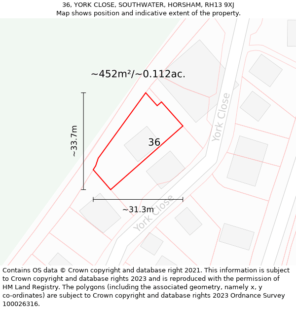 36, YORK CLOSE, SOUTHWATER, HORSHAM, RH13 9XJ: Plot and title map