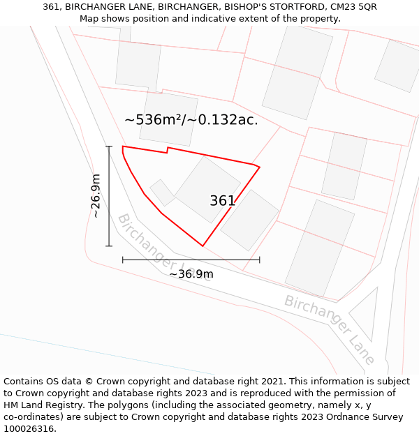 361, BIRCHANGER LANE, BIRCHANGER, BISHOP'S STORTFORD, CM23 5QR: Plot and title map