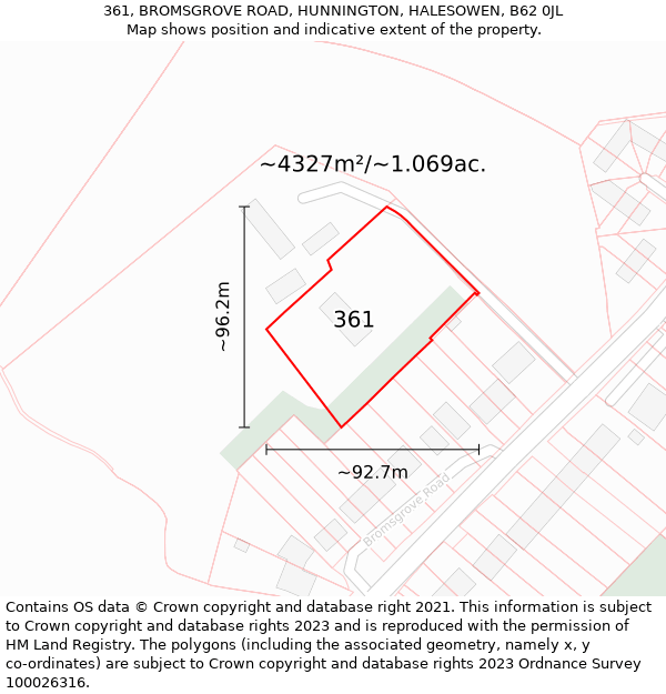 361, BROMSGROVE ROAD, HUNNINGTON, HALESOWEN, B62 0JL: Plot and title map